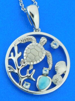 sterling silver sea turtle and sealife pendant