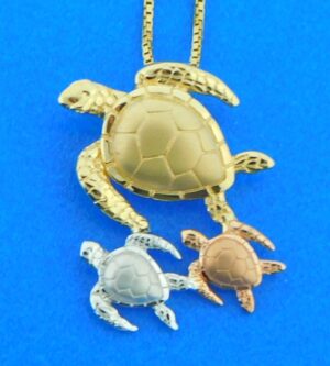 14k sea turtle family pendant