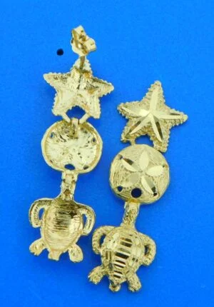 14k sea life starfish sand dollar turtle earrings