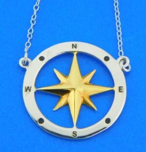 sterling silver 2-tone compass rose pendant