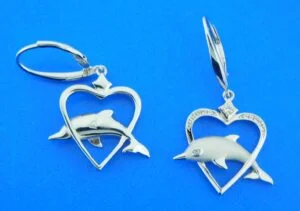 Alamea Dolphin Heart Dangle Earrings, Sterling Silver 2 sterling silver dolphin heart dangle earrings