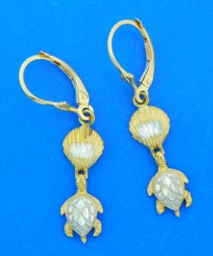Shell & Sea Turtle Lever Back Earrings, 14K 2-Tone 1 sea turtle shell dangle earrings 14k