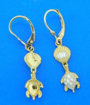 Shell & Sea Turtle Lever Back Earrings, 14K 2-Tone 2 sea turtle shell dangle earrings 14k