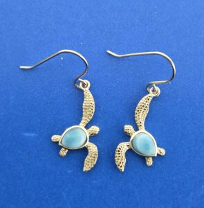 Alamea Sea Turtle Earrings, 14k Yellow Gold & Larimar