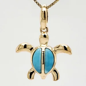 14k sea turtle larimar honu pendant