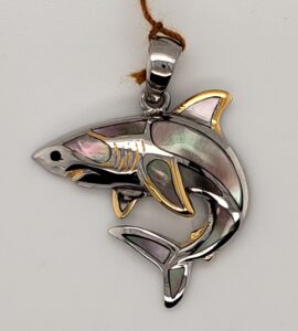 sterling silver and mother of pearl shark pendant