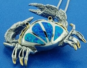 sterling silver blue crab opal pendant