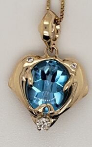 Steven Douglas Kissing Dolphin Pendant, 14K & Blue Topaz